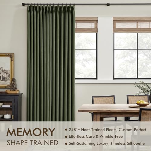 MIULEE Olive Green Pinch Pleated Linen Blackout Curtains 40x108 Inches (Pack of 2, Loden)