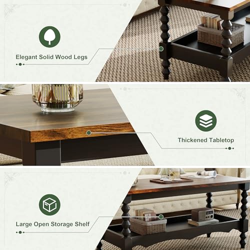YOSHOOT 42-Inch Black Farmhouse Coffee Table with Storage, 2-Tier, Solid Wood Legs, 18.9"D x 41.3"W x 17.7"H