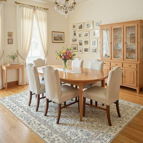 jinchan Blue/Cream 6x9 Washable Vintage Floral Area Rug for Living Room