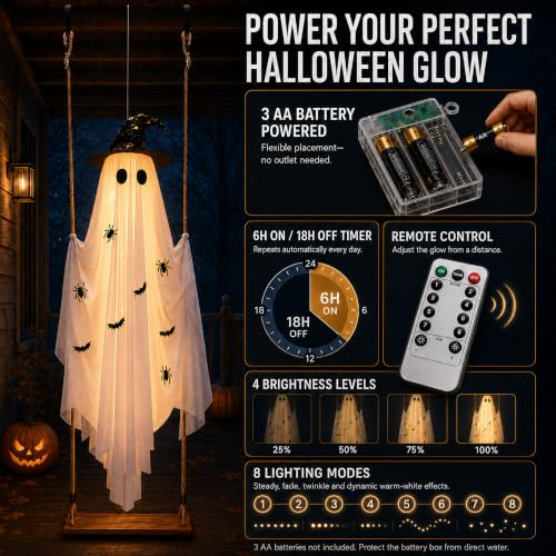 CRILARY White 5.9ft Halloween Swinging Ghost Outdoor Decor with Lights