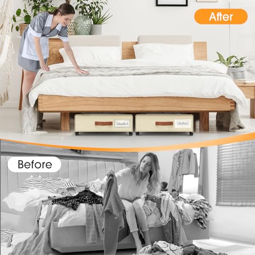 Beige Under Bed Storage Containers with Wheels 2-Pack - Clear Window & Leather Handles