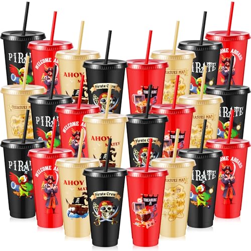 Uiifan 24 Pcs Pirate Plastic Cups with Lids & Straws - 24 oz Reusable Party Tumblers, Pirate Themed Birthday & Holiday Favors, 6 Styles