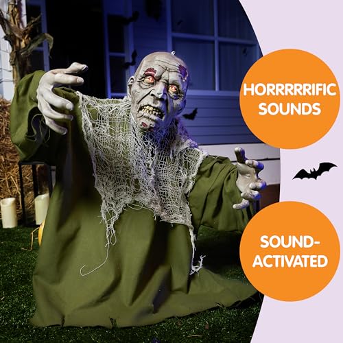 JOYIN Green Animated Zombie Groundbreaker Halloween Yard Decor with Light-Up Eyes & Movable Arms