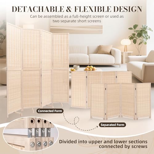 Beige Bamboo Room Divider 67-inch, 4-Panel Freestanding Wooden Screen, Versatile Partition
