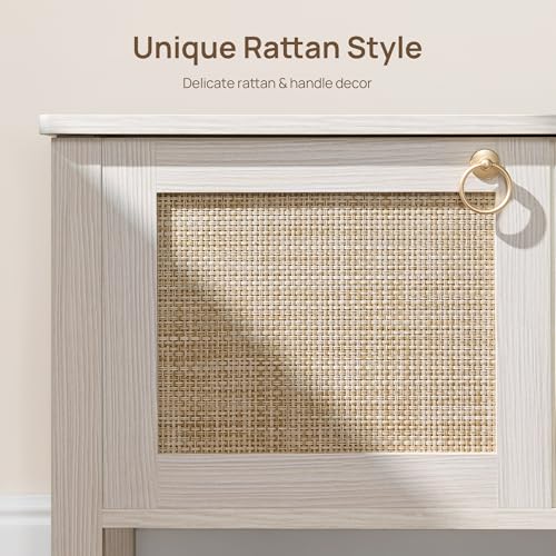 SICOTAS Rattan Storage Bench Boho Chest with Safety Hinges - White Cream Oak, 32.2" Wide