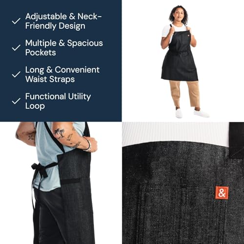 Hedley & Bennett Crossback Chef Apron - Abalone Black, Heavy-Duty Cotton with Pockets & Towel Loop