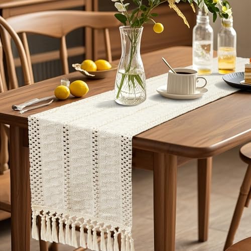 OTOSTAR Ivory Macrame Table Runner 12x108 Inches Boho Farmhouse Decor