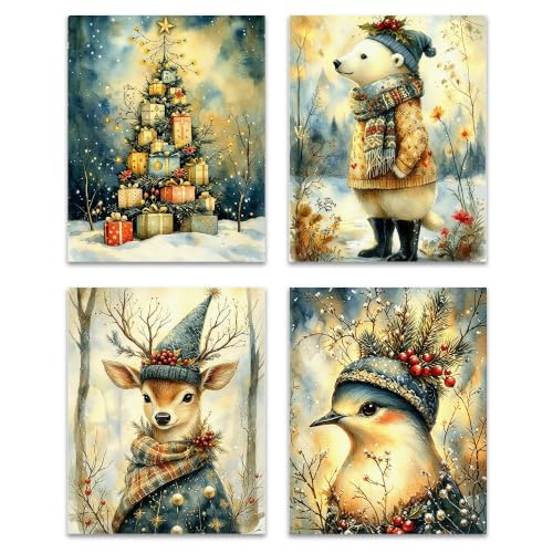 ZNGFON Rustic Winter Forest Animal Christmas Wall Art Prints 8x10 Set of 4 - Winter 20