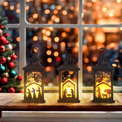 Nativity Scene LED Christmas Lanterns – 3 Pack Hanging Candles
