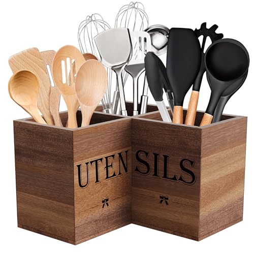 Suli Extra Large Acacia Corner Kitchen Utensil Holder with 3 Compartments - Rustic Farmhouse Countertop Organizer