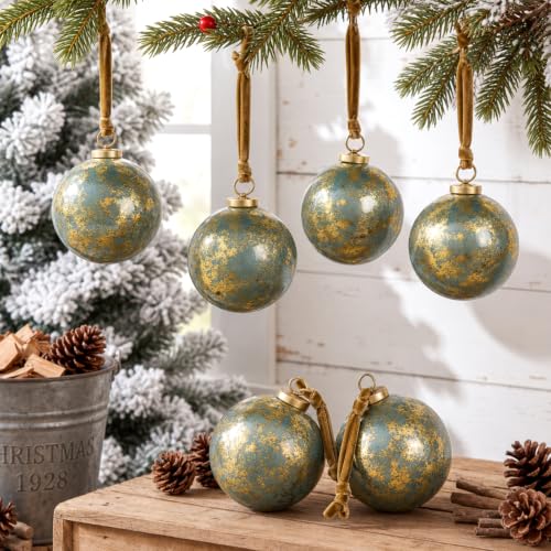 Civaner 6 Pcs Vintage Christmas Glass Ornaments Set – 4in & 3.14in Antique Gold Copper