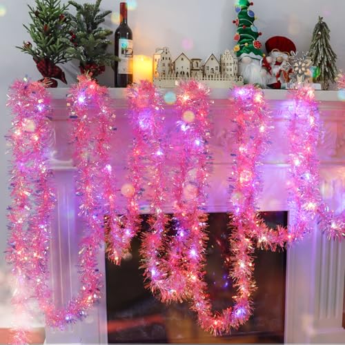 CCINEE DK217 16ft Pink Lighted Tinsel Garland – Prelit Twisted Indoor Christmas/Wedding Decor