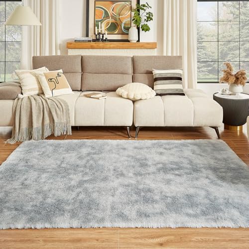 Tie-Dyed Light Grey Shag Area Rug 6x9 - Soft Fluffy Carpet for Living Room & Bedroom