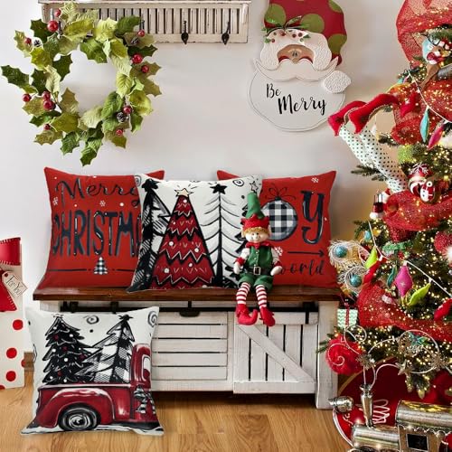 DIYDEC 4pcs Christmas Pillow Covers 20x20 Inch Red Holiday Decorative Pillowcases