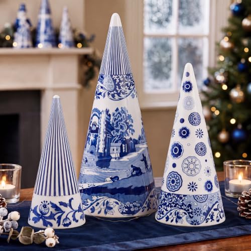 Reallnaive Blue and White Porcelain Christmas Tree Set - Chinoiserie Holiday Decor, 3 Sizes