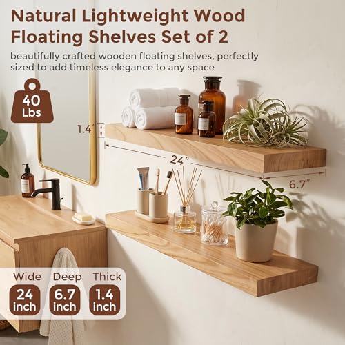 Natural Wood Floating Shelves 24 Inch Set of 2 - Wall Mount Storage
