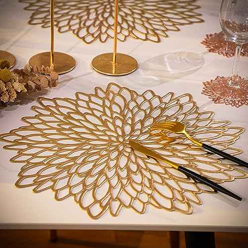 Snowkingdom 4 Pack Gold Placemats Metallic Pressed Vinyl Golden for Dinning Table Place Mats Round Floral Charger Decoration for Christmas Thanksgiving Holiday Wedding