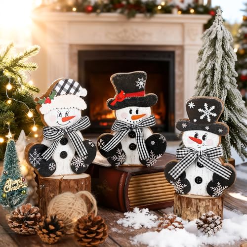 Sealmic 3 Pcs Christmas Wooden Snowman Centerpieces - Large Black & White Rustic Holiday Decor
