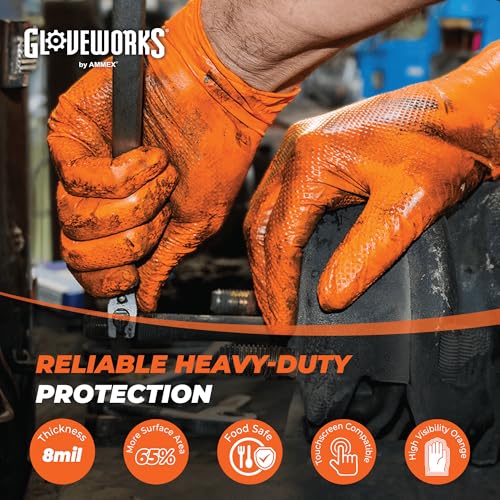 Disposable Nitrile Gloves - Orange, Large, 200 Pack, 8 Mil Heavy Duty