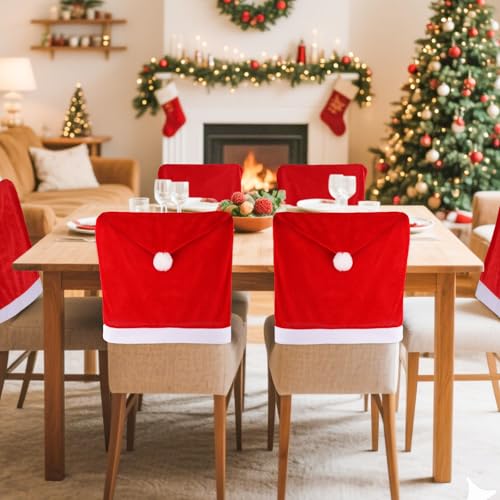4pcs Christmas Chair Covers Set Red and White Santa Hat Chair Covers Set Christmas Dining Chair Back Covers for Xmas Holiday Party New Year Dinning Room Decoration