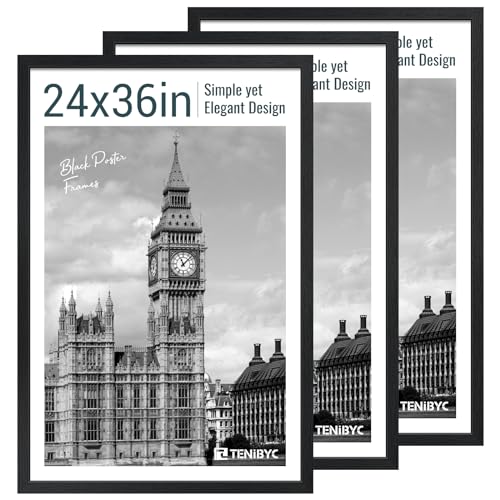 TENIBYC 24x36 Poster Frame Black Wood 3 Pack Wall Mount Picture Frames