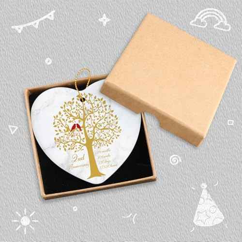 2 Year Anniversary Hanging Ornament for Him Her 2nd Marriage Wedding Gifts 2 Year Anniversary Valentines Ornament for Husband Wife Couple Christmas Ceramic Heart Keepsake