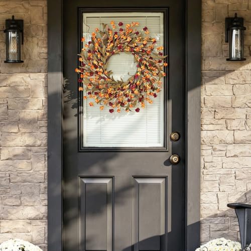 CHEAWRTZ 24in Fall Wreath with Handcrafted Paper Flowers - Deep Red & Orange
