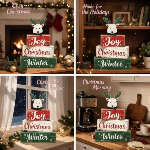 Elk Reindeer Christmas Wooden Tiered Tray Decor with Joy Winter Sign - Rustic Farmhouse Holiday Tabletop Display