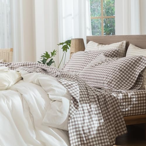 Gingham Sheet Set Queen - Classic Brown 100% Washed Cotton Deep Pocket, Lived-in Feel
