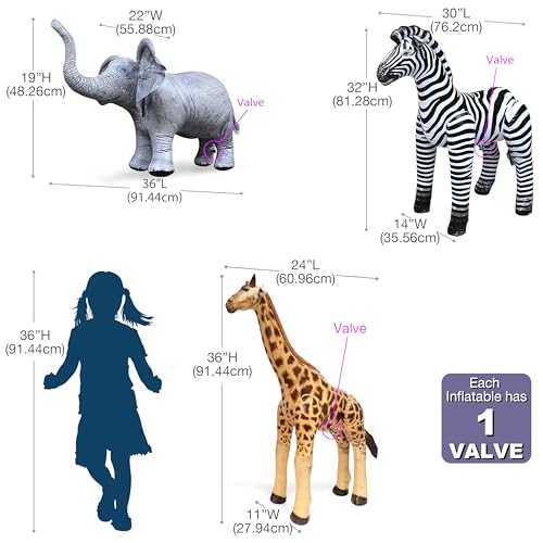 Inflatable Safari Animal Set - Giraffe Zebra Elephant - Multi, 3 Pack