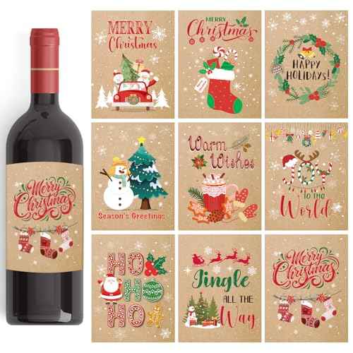 Christmas Wine Bottle Label - 54 Pcs Self-Adhesive Wine Labels Stickers Vintage Xmas Bottles Decorations Santa Snowmen Elk Sticker for Holiday Christmas Party Decor Supplies