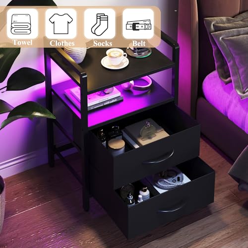 Black LED Nightstand with Charging Station, Storage Drawers & RGB Lighting