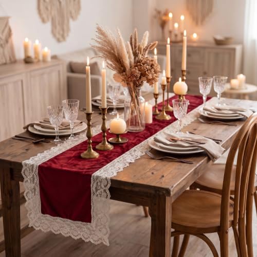 Flutesan Burgundy Velvet Lace Table Runner 20x70 Inch | Victoria Christmas Wedding Decor