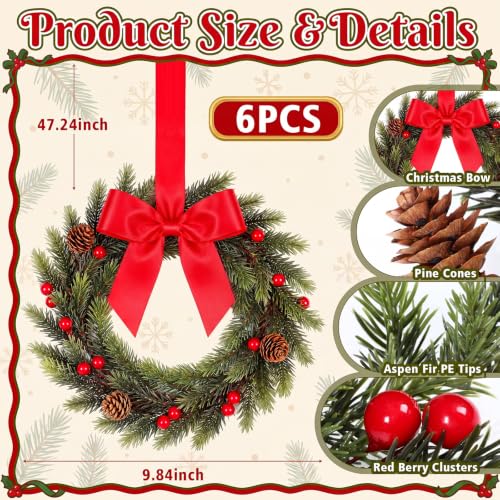 Rivvlive 6 Pcs 10'' Mini Christmas Chair Wreath with Red Satin Bow - Norfolk & Cedar Variants