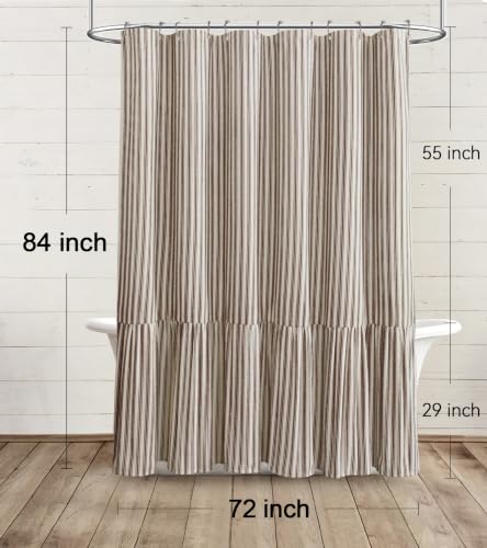 Farmhouse Shower Curtain with Ruffle Hem - Linen Look Cream-Brown Stripe 72x84 Inches - Variation of Cream-Brown Stripe / 72W x 84L