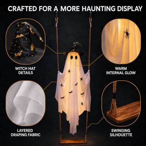 CRILARY White 5.9ft Halloween Swinging Ghost Outdoor Decor with Lights