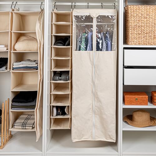 Off-White Hanging Shoe Organizer - 10 Wide Cubby Closet Storage with Cedarline Pockets