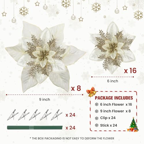 24PCS Champagne Gold Artificial Poinsettia Christmas Flowers for Holiday Decor