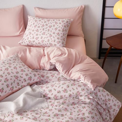 Full Pink Floral Comforter Set with Sheets - 7 Piece Bed in a Bag for Women & Teen Girls
