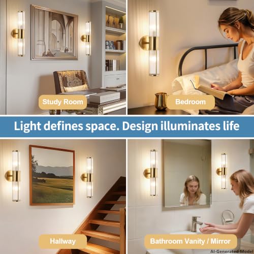 Brushed Brass Vanity Light Fixture 19.69 inch Wall Sconce with Dual Glass Rods - Bathroom Mirror Lighting