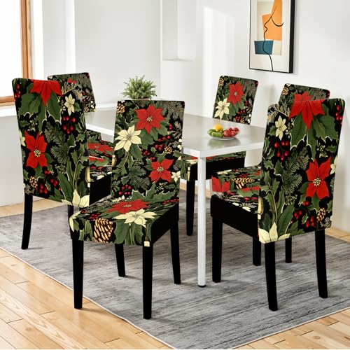 THISFIND 6/03 Christmas Chair Covers for Dining Room - Festive Holiday Floral Slipcovers