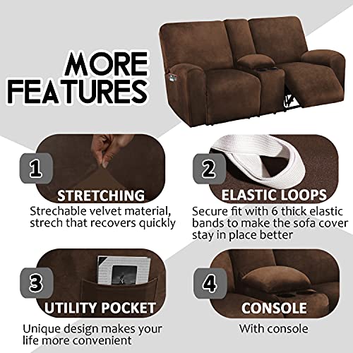 ULTICOR Velvet Reclining Love Seat Cover with Middle Console - Chocolate, 8-Piece Slipcover for 2 Seater Sofas