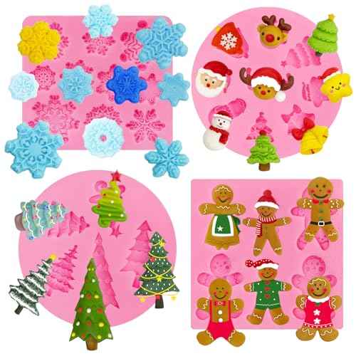 4 Pcs Christmas Silicone Molds 3D Christmas Molds Xmas Tree Santa Gingerbread Man Snowman Reindeer Snowflake Silicone Mold Winter Fondant Molds for DIY Crafts Cupcake Cake Decoration Candy Chocolate