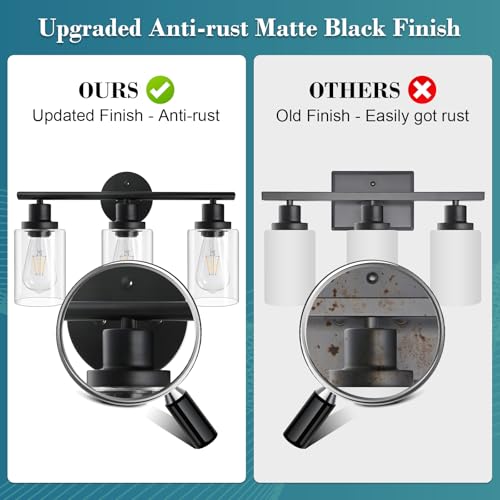 Unicozin Black 3 Light Vanity Wall Lamp with Clear Glass for Bathroom & Bedroom - Modern E26 Fixture