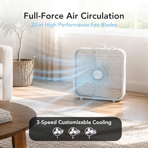 Comfort Zone White 20-Inch Box Fan with Carry Handle, 3-Speed Air Circulation