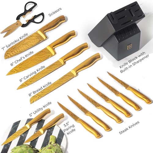 Styled Settings Gold Knives with Etched Leaves Pattern and Sharpener