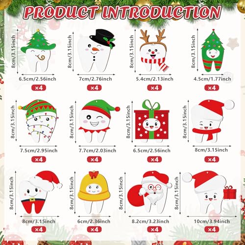48Pcs Christmas Tooth Ornaments Set - Funny Wooden Dentist Holiday Decor