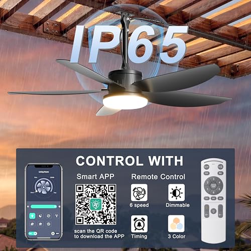 42-Inch Outdoor Ceiling Fan with Lights - Black, Plug-in, Waterproof, Remote Control