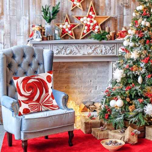 4pcs Christmas Pillow Covers Decoration,18x18in Red Candy Pillow Case Merry Bright Holly Throw Pillow Covers Cushion Cases for Winter Holiday Seasonal Farmhouse Couch Sofa Home Decor