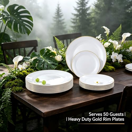 50 Guests Round Gold Disposable Dinnerware Set - Plates, Cups, Silverware & Napkins